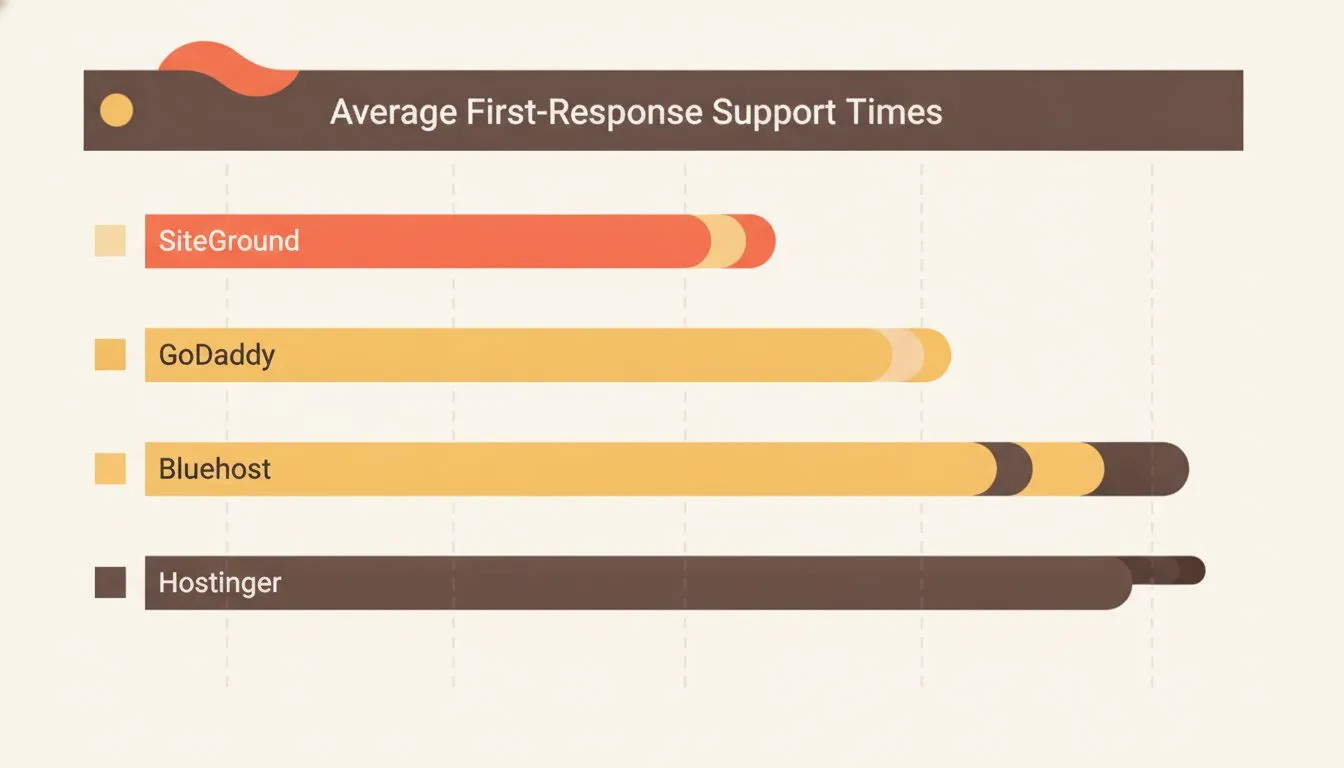 a horizontal bar infographic comparing average first-response support times across SiteGround, GoDaddy, Bluehost, and Hostinger, with SiteGround clearly shortest, using a muted color palette with one