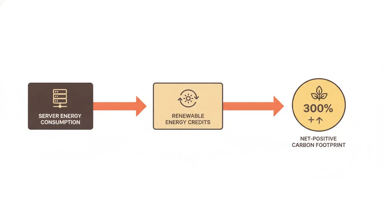 a diagram showing GreenGeeks' carbon offset model: arrows flowing from server energy consumption to renewable energy credits to a net-positive carbon footprint label, with a simple leaf icon and perce