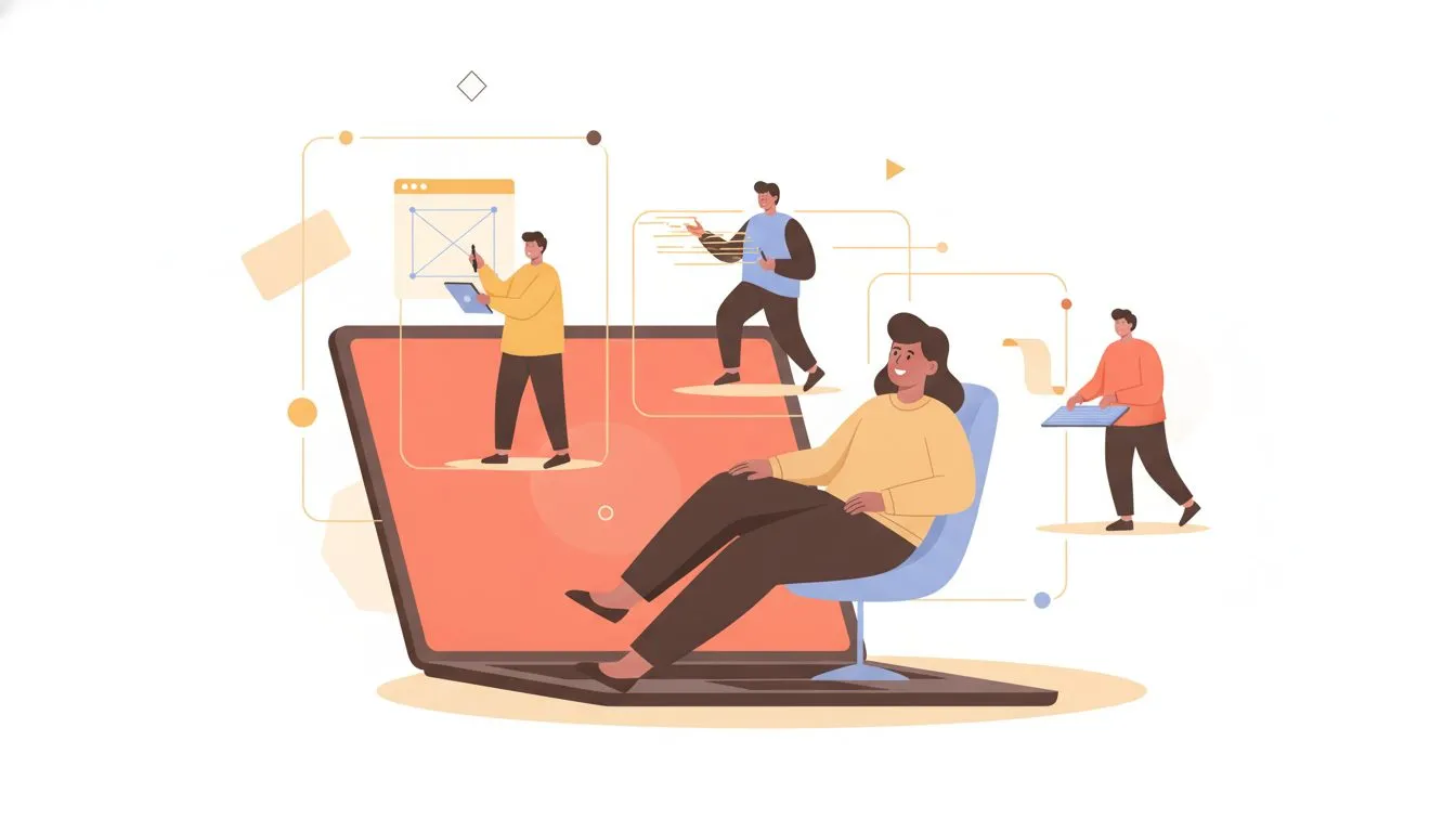 a clean conceptual illustration showing a small business owner sitting back relaxed while a team of specialists (designer, developer, copywriter) emerge from a computer screen building a website, symb