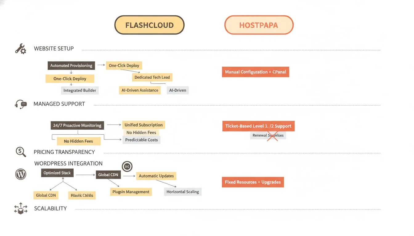 a feature comparison diagram laid out as a two-column table with icons, contrasting Flashcloud and HostPapa across key dimensions: website setup, managed support, pricing transparency, WordPress integ