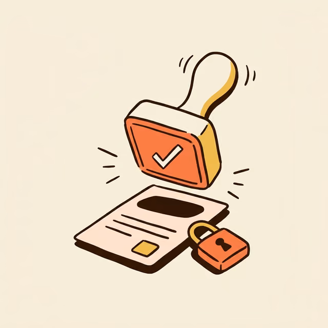 Illustration of an approval stamp hovering over a document beside a padlock
