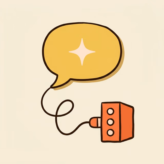 Illustration of a chat bubble with a light sparkle, plugged into a server by a single cable
