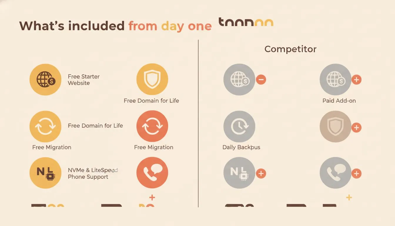 a clean value comparison infographic titled 'What's included from day one' showing icons for free starter website, free domain for life, free migration, daily backups, NVMe and LiteSpeed, and human ph