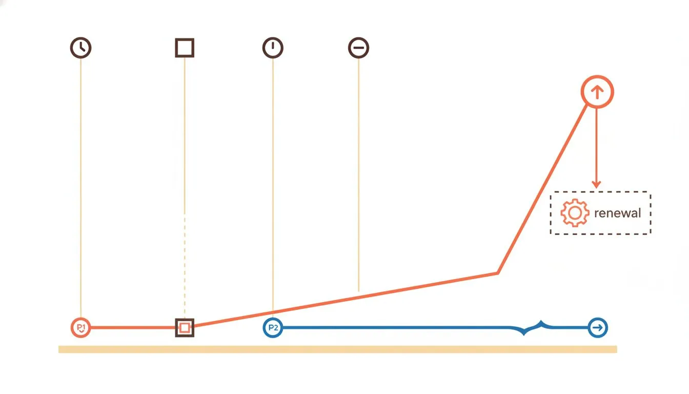 a timeline over three years comparing two hosting plans, one line staying low then jumping sharply at renewal, the other starting slightly higher and staying flat, clean minimal style, blue and coral