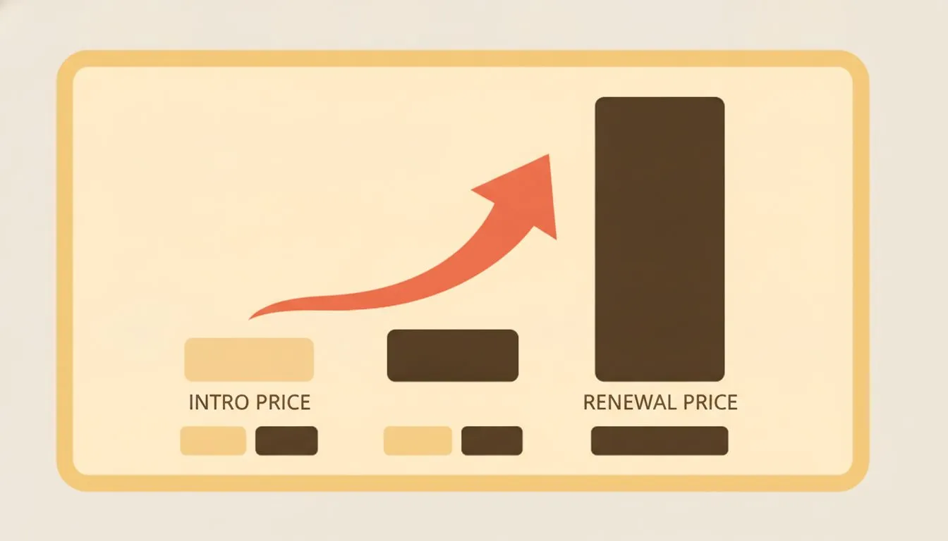 a simple two-bar chart comparing a small intro price bar against a much taller renewal price bar for a web hosting plan, with upward arrow, clean flat style, blue and coral palette