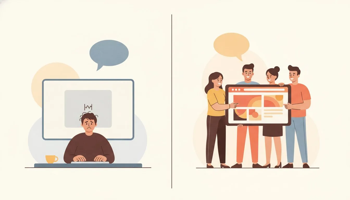 a split-screen comparison. On the left, a stressed small business owner staring at a blank document with a blinking cursor, captioned 'you write it'. On the right, a friendly team handing over a finis