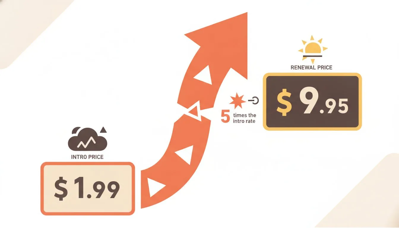 a clean comparison graphic showing FastComet's entry plan intro price of $1.99 with a large upward arrow to a $9.95 renewal price, labeled 'five times the intro rate'