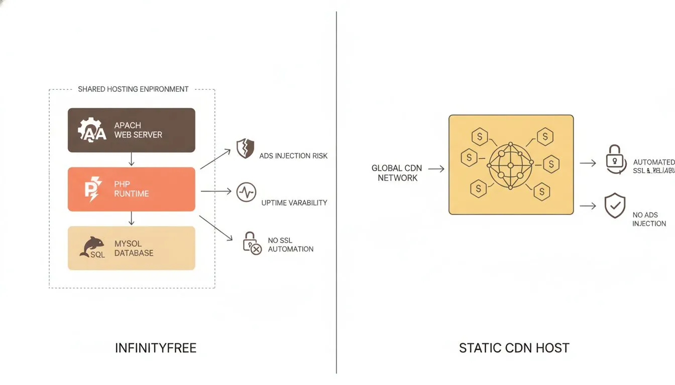 A split-panel architecture diagram contrasting InfinityFree's server stack (shared Apache, PHP runtime, MySQL database) on the left with a static CDN host on the right. Visual trade-off callouts highl