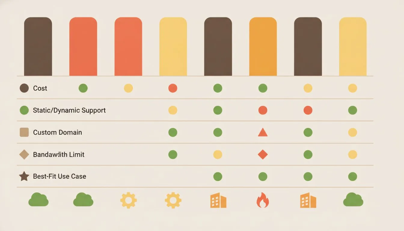 A side-by-side comparison table infographic showing all 7 hosting options as columns, with rows for key attributes: cost, static/dynamic support, custom domain, bandwidth limit, and best-fit use case.