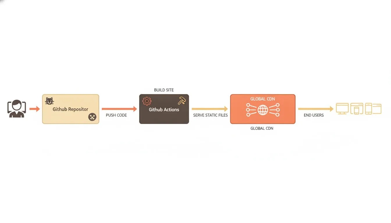 An architecture diagram showing how GitHub Pages works: a developer pushes code to a GitHub repository, GitHub Actions builds the site, and the static files are served via GitHub's CDN to end users. A