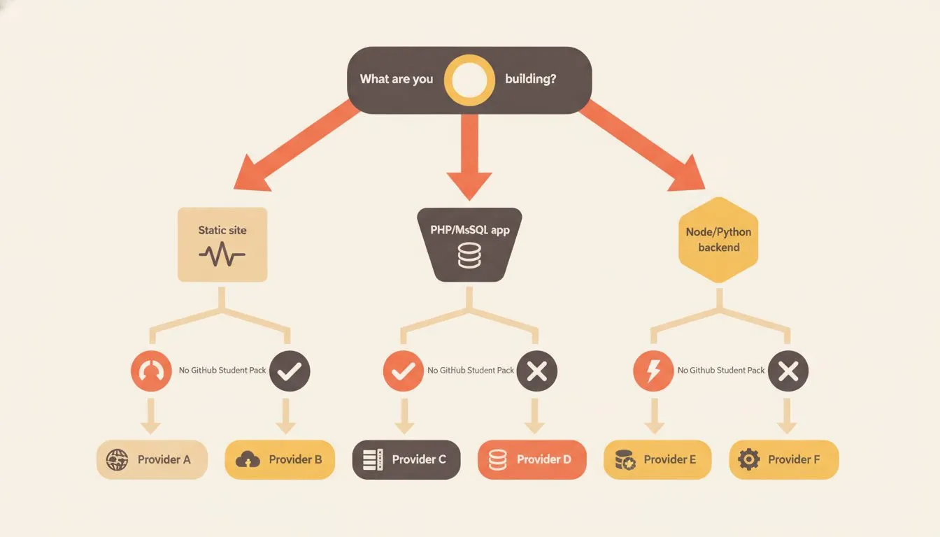 A flowchart-style decision tree infographic: starting from 'What are you building?', branching into 'Static site', 'PHP/MySQL app', and 'Node/Python backend', then further branching by whether the stu