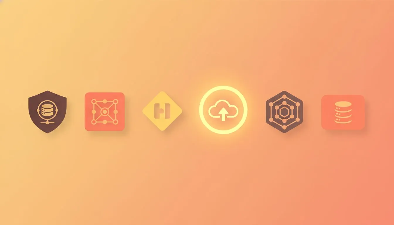 a clean side-by-side lineup of six stylized hosting provider badges on a bright background, one glowing brighter than the rest to suggest a standout choice