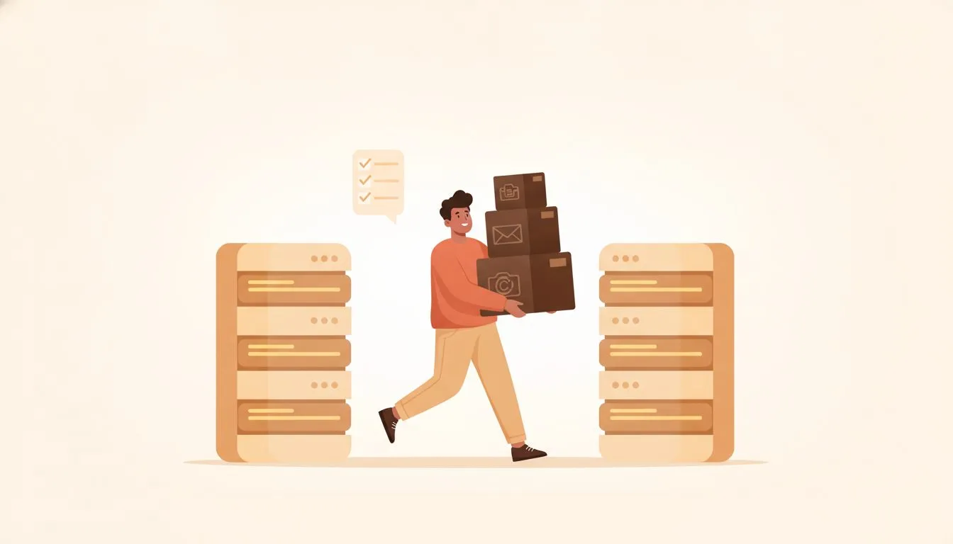 a friendly flat-style illustration of a person moving boxes labelled with a website, email and domain from one server to another, a checklist floating beside them