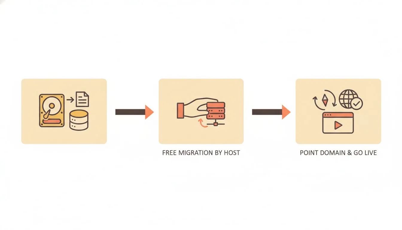 a simple three-step horizontal flow showing back up files and database, then free migration handled by the host, then point domain and go live, clean labelled icons