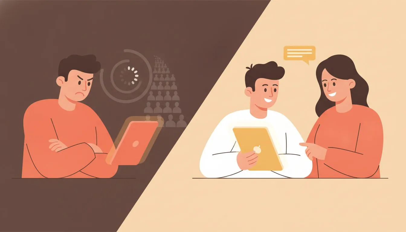 a split-screen comparison showing a frustrated person waiting in a support queue on one side, and a calm person chatting with a friendly human support agent on the other side, clean modern flat style
