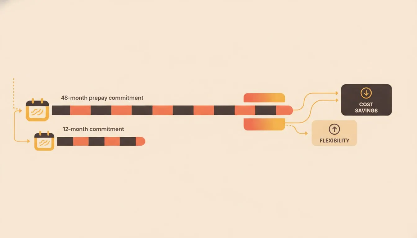 a clean comparison graphic contrasting a 48-month prepay commitment against a 12-month commitment, using two horizontal timeline bars of very different lengths, with a small calendar icon on each