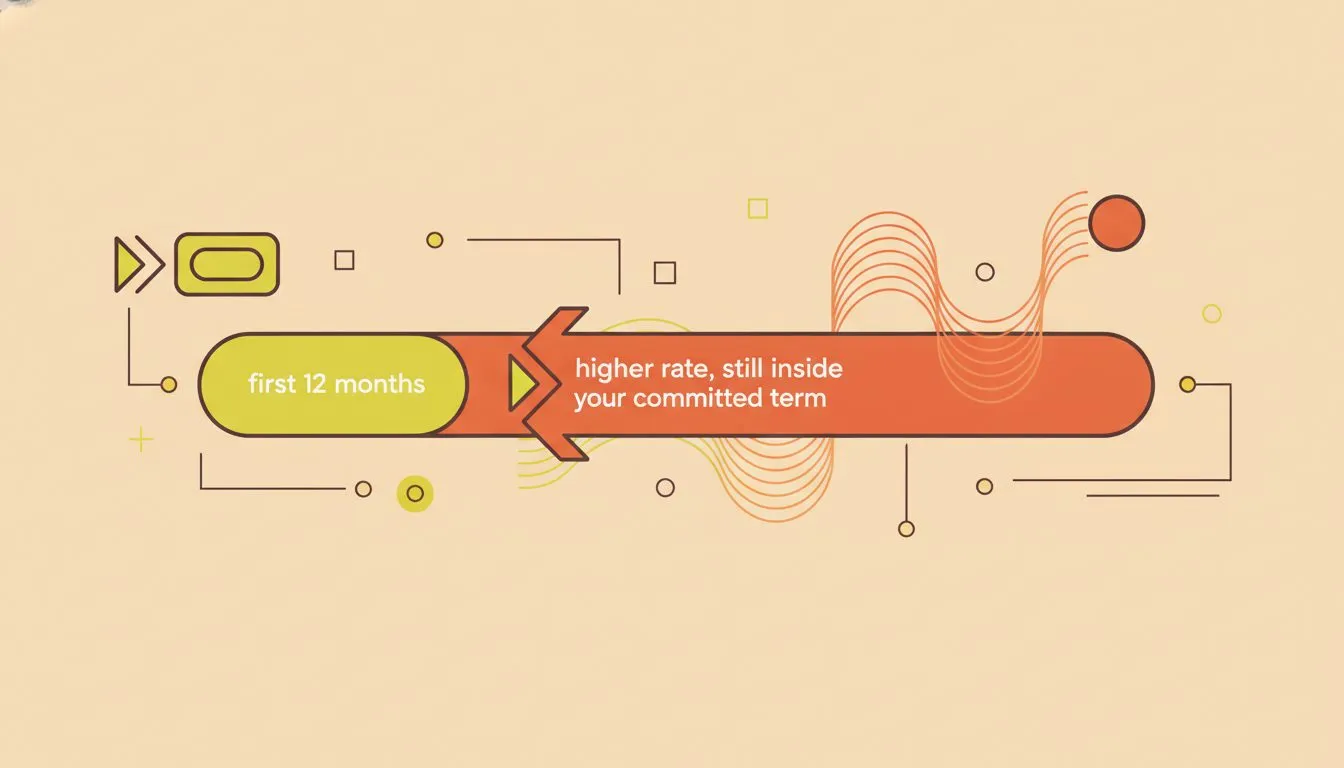 a clean timeline bar showing a hosting contract split into two segments, a short bright green intro segment labelled 'first 12 months' followed by a longer orange segment labelled 'higher rate, still 