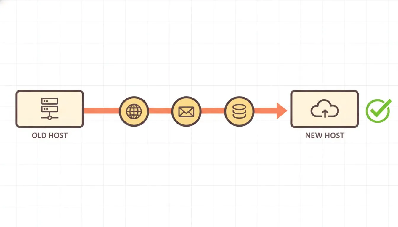 a simple horizontal migration flow showing a website moving from an old host box to a new host box, with three labeled checkpoints along the way - domain, email, database - and a green checkmark at th