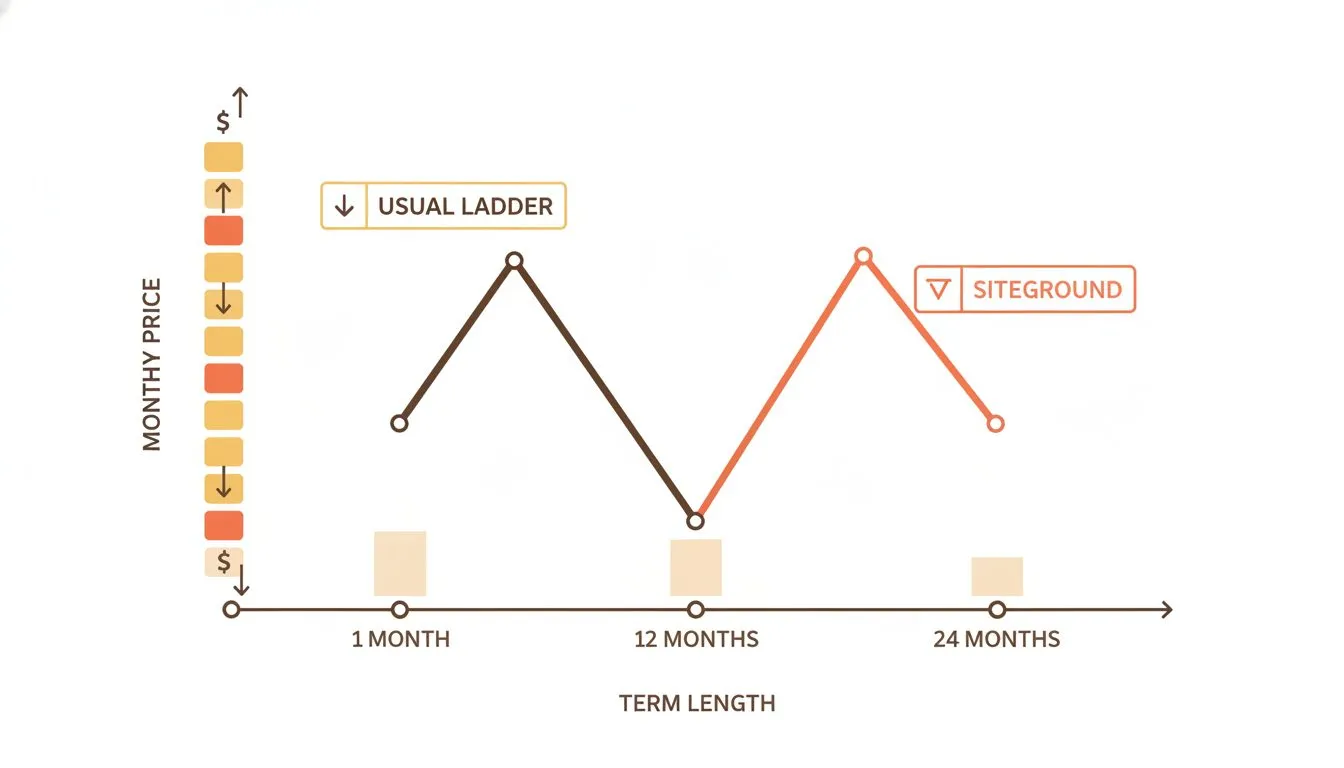 a simple line chart contrasting two hosting pricing ladders. One line labelled 'usual ladder' slopes downward as term length increases from 1 to 24 months. A second line labelled 'SiteGround' dips at
