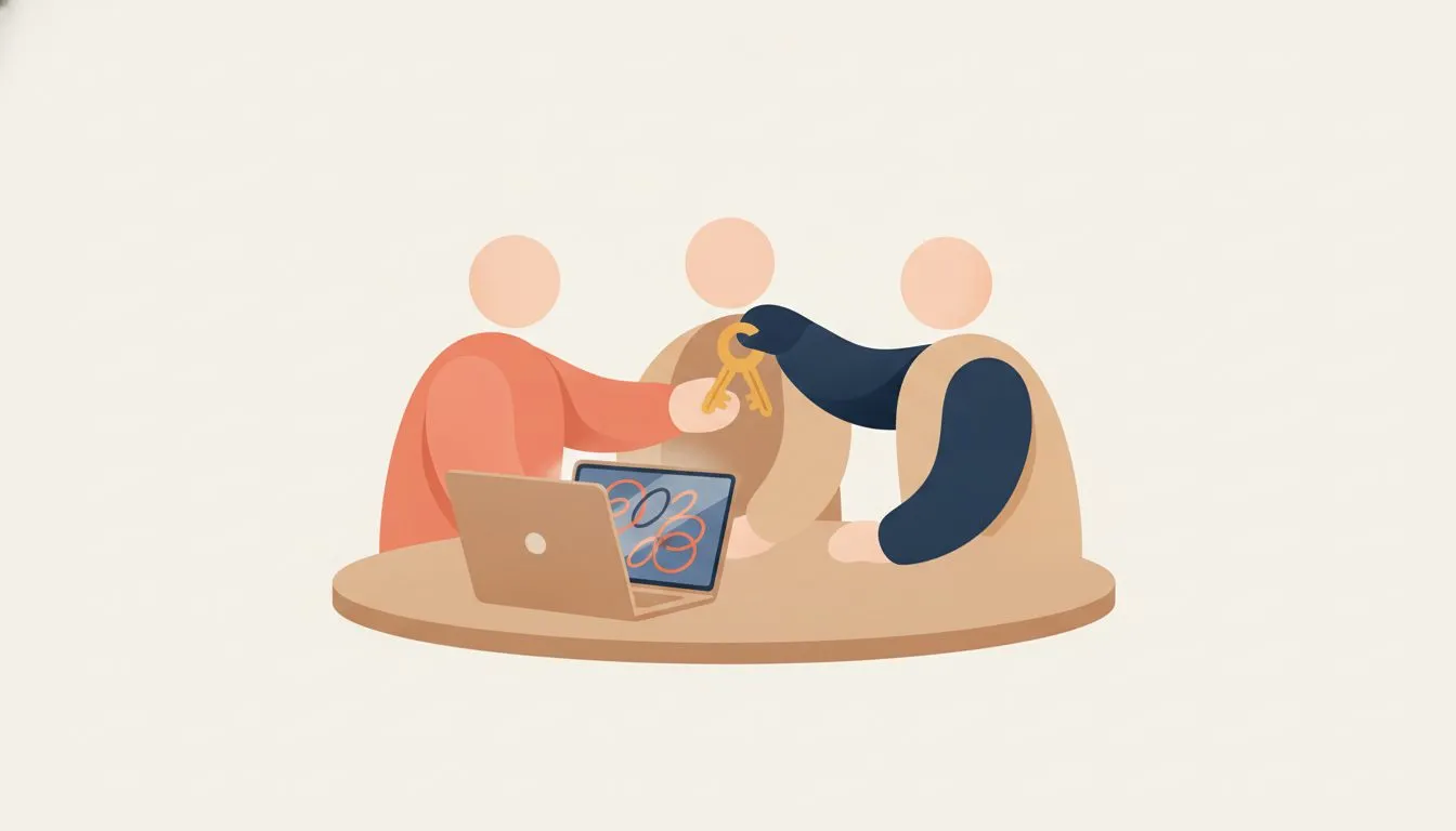 flat modern editorial vector illustration, a small group of simple figures around a table passing a set of keys from one hand to another, a laptop on the table, warm and collaborative, soft rounded sh