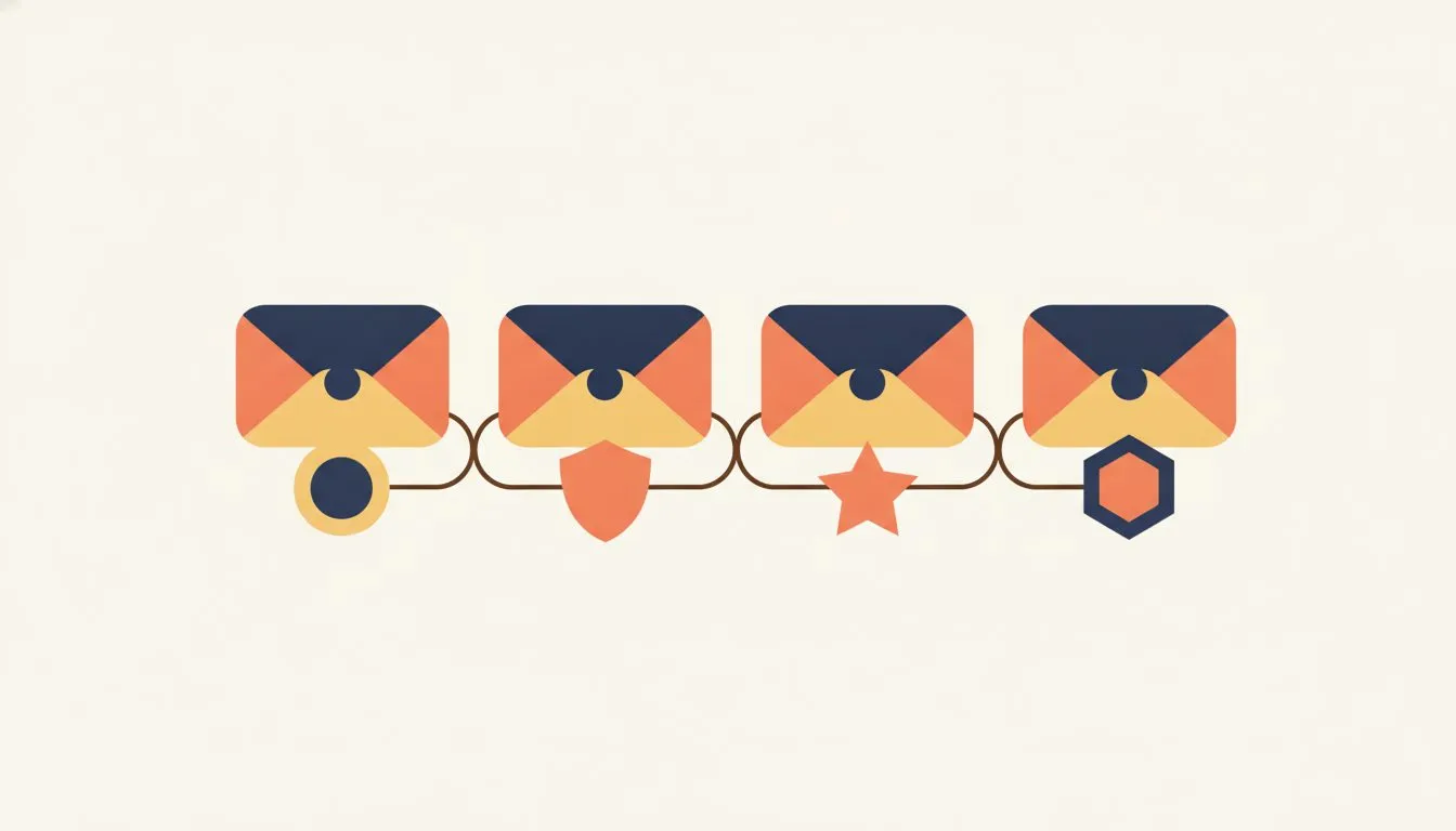 flat modern editorial vector illustration, a row of simple envelope shapes each attached to a different small role badge shape, stable and orderly, soft rounded shapes, generous white space, warm cora