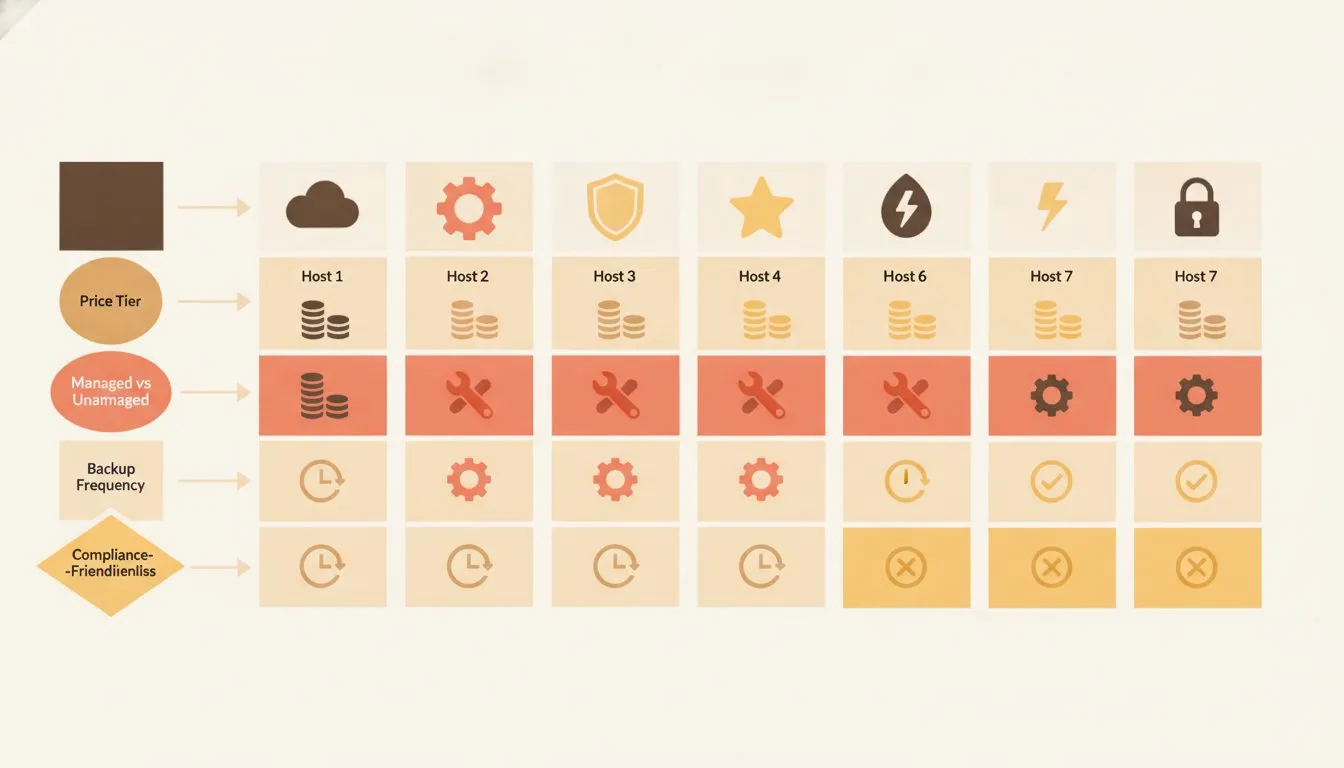A comparison table rendered as a visual infographic showing all seven hosts side by side with key attributes: price tier, managed vs unmanaged, backup frequency, and compliance-friendliness, using ico