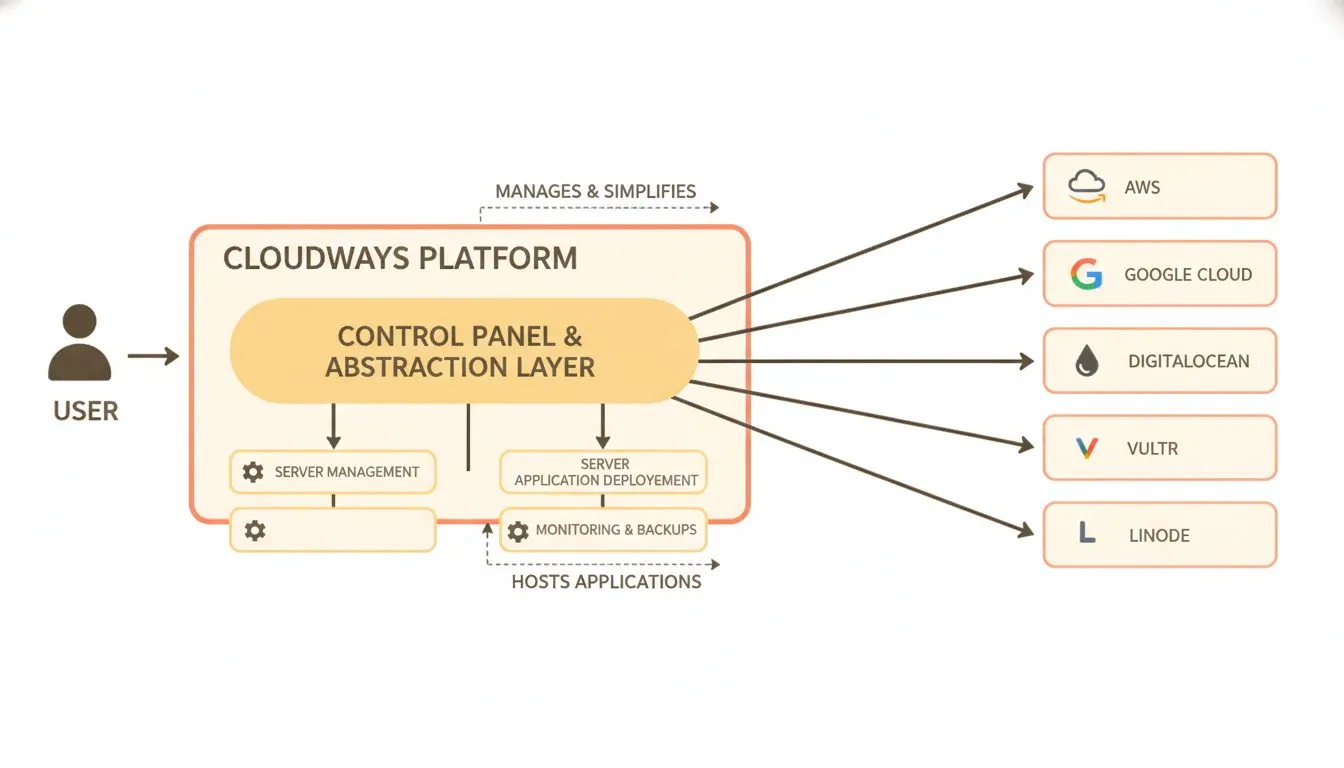 An architecture diagram showing how Cloudways sits between the user and major cloud providers (AWS, Google Cloud, DigitalOcean, Vultr, Linode), with labeled arrows illustrating the control panel layer
