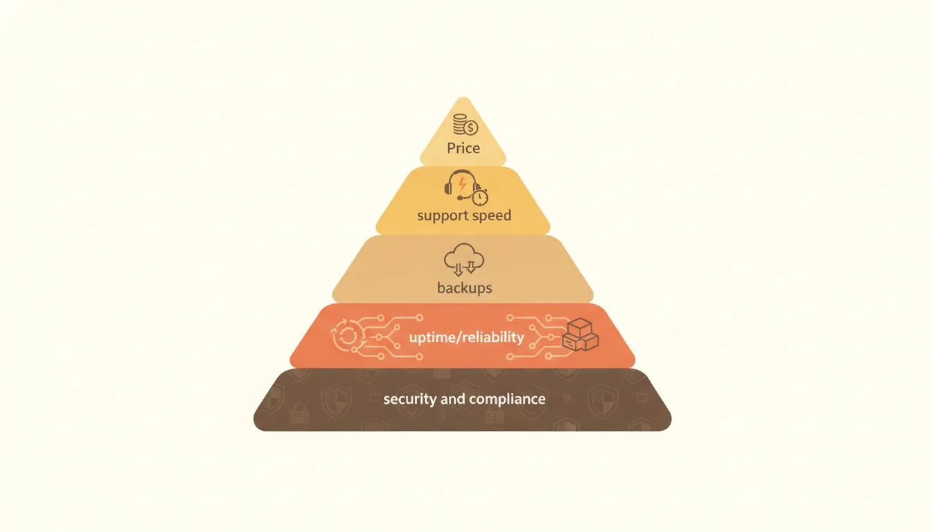 A clean illustration of a checklist or pyramid diagram showing the layered priorities an accounting firm should consider when choosing hosting: security and compliance at the base, then uptime/reliabi