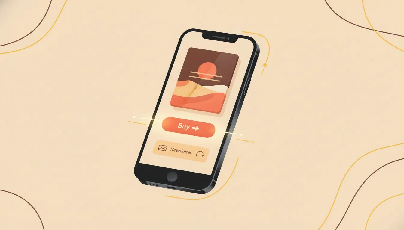 a smartphone showing an author book page loading instantly, with a clean cover image, a buy button, and a newsletter signup box below, warm and inviting style