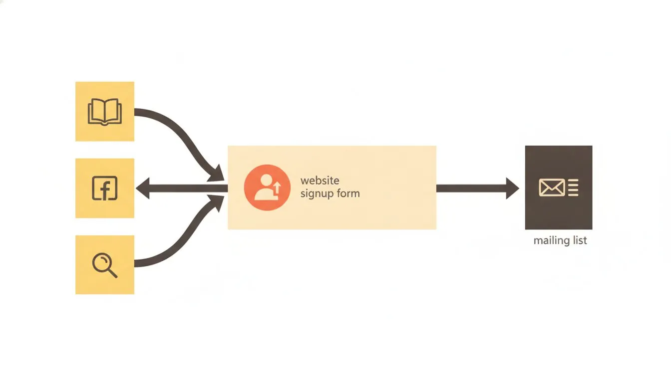 a simple flow showing readers arriving from a book, social media, and search, all funneling into a website signup form, which then feeds into a mailing list the author owns
