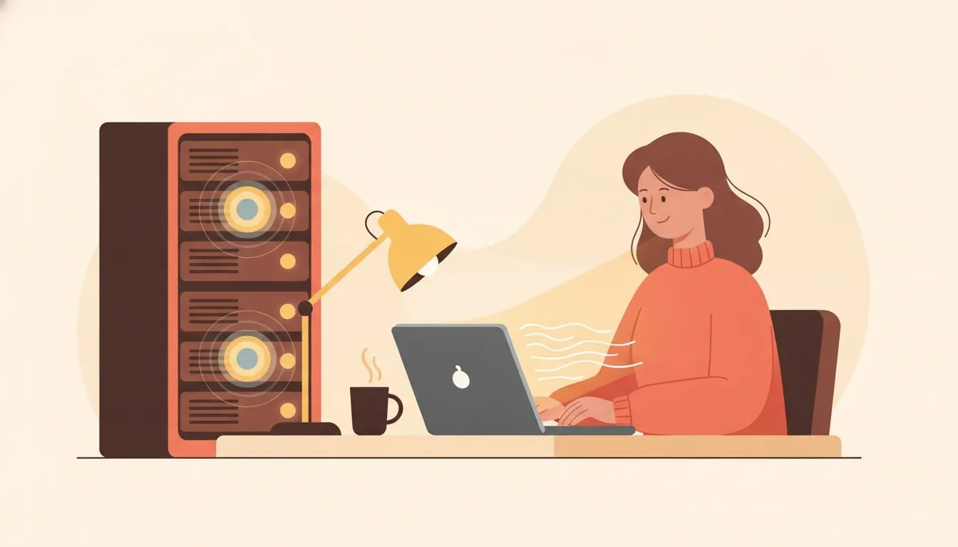 a clean conceptual illustration of a blogger writing calmly at a desk while a fast, stable server hums quietly in the background
