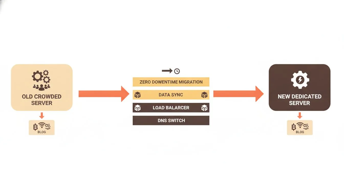 a simple flow diagram showing a blog moving from a slow crowded server to a fast dedicated server with no downtime