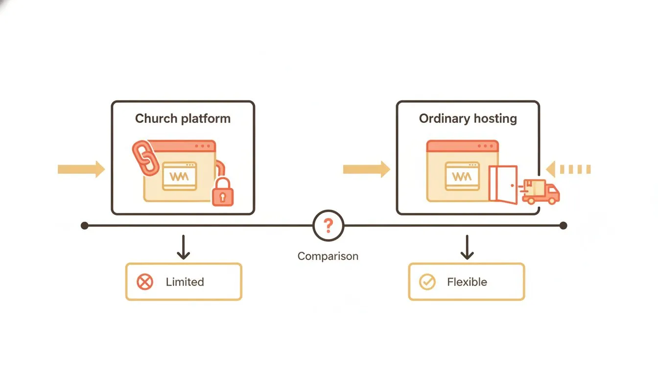 a simple two-path comparison. Left path labeled 'Church platform' shows a website locked inside a box with a chain icon. Right path labeled 'Ordinary hosting' shows a website with an open door and a m