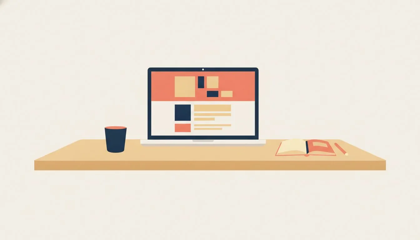 flat modern editorial vector illustration, a laptop on a simple desk showing a clean portfolio page, a coffee cup and a notebook beside it, calm and uncluttered, soft rounded shapes, generous white sp