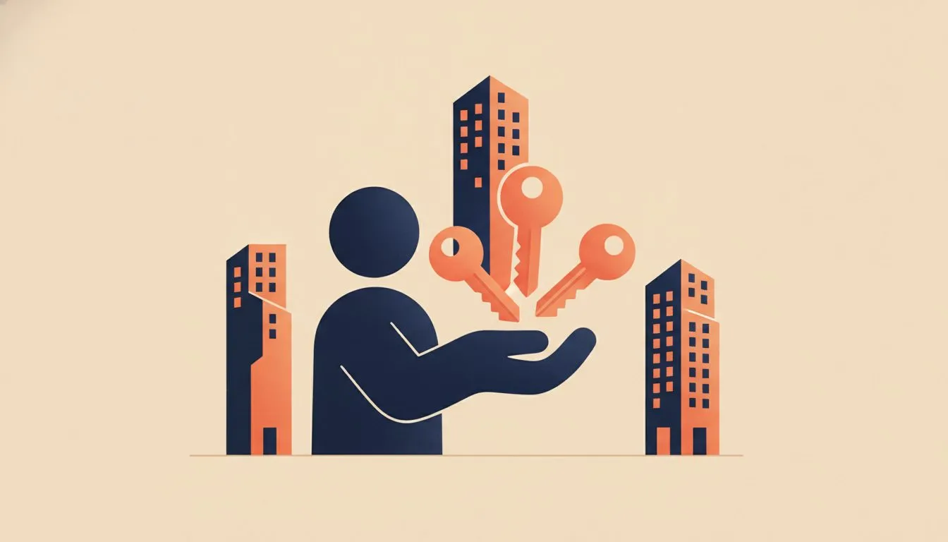 flat modern editorial vector illustration, one figure holding a set of keys with three separate key shapes branching outward toward three small building shapes, calm and considered, soft rounded shape