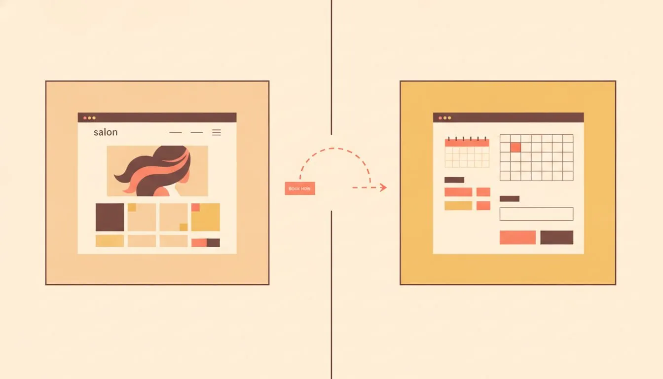 A split-screen illustration showing a polished Squarespace salon website on the left and a separate third-party booking app interface on the right, connected by a dashed arrow to represent the manual