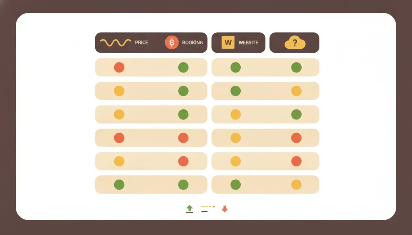 A side-by-side comparison table infographic showing 6 hosting options across key criteria: price, built-in booking, website builder, and support quality, using color-coded dots (green/yellow/red) for