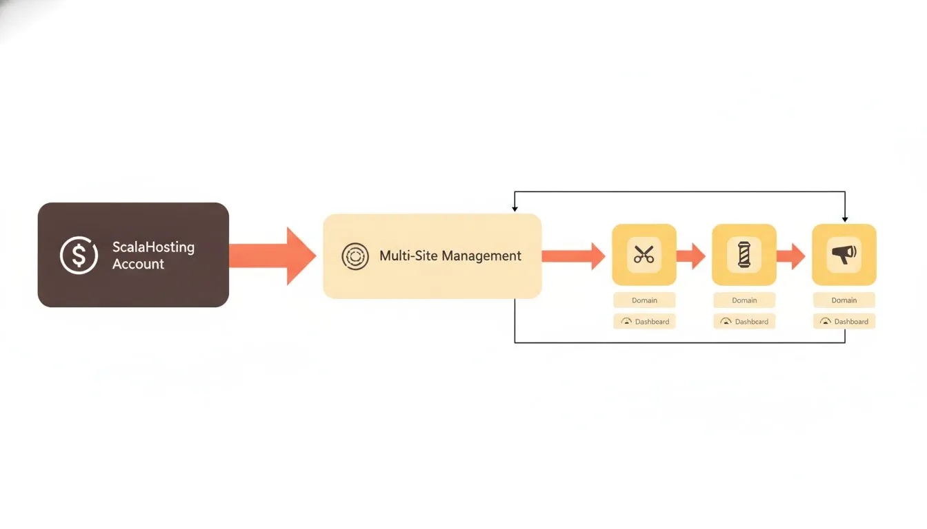 A tiered architecture diagram showing a single ScalaHosting account branching out to support multiple salon or barbershop location websites, each with its own domain and dashboard, illustrating multi-