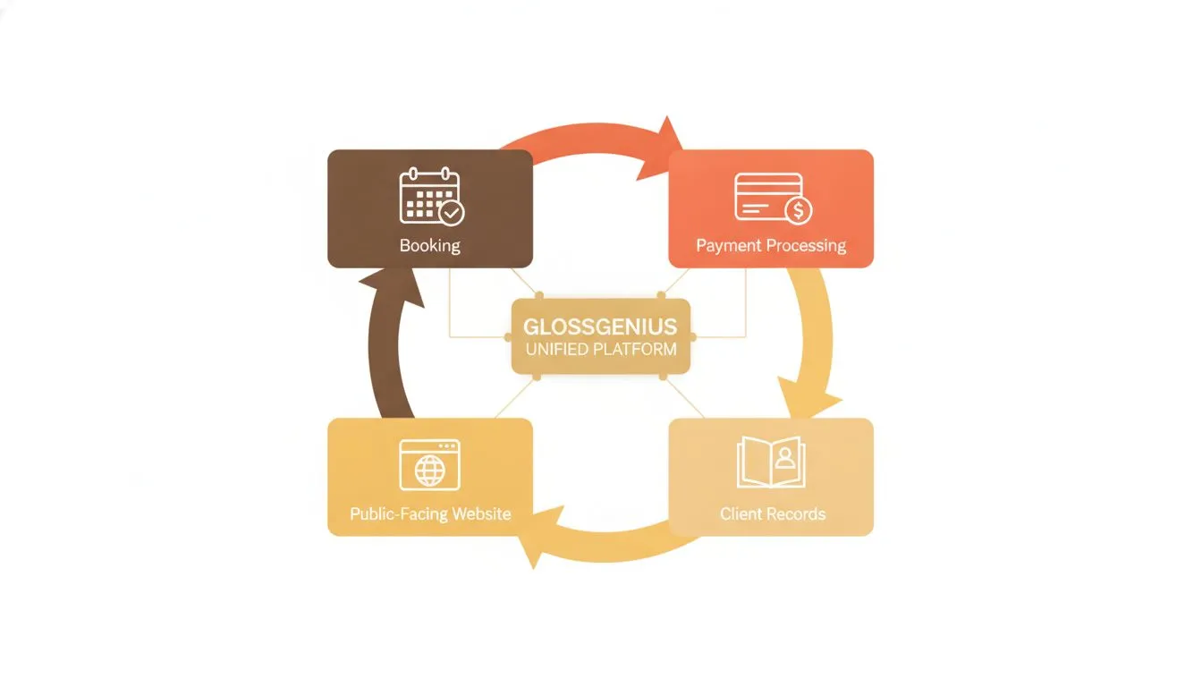 A flowchart-style diagram showing how GlossGenius connects booking, payment processing, client records, and the public-facing website in a single unified platform, with arrows linking each component i