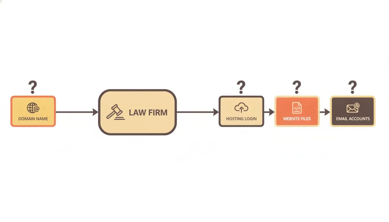 a simple ownership map showing a law firm at the center connected to four boxes labelled domain name, hosting login, website files, and email, with question marks over which party controls each