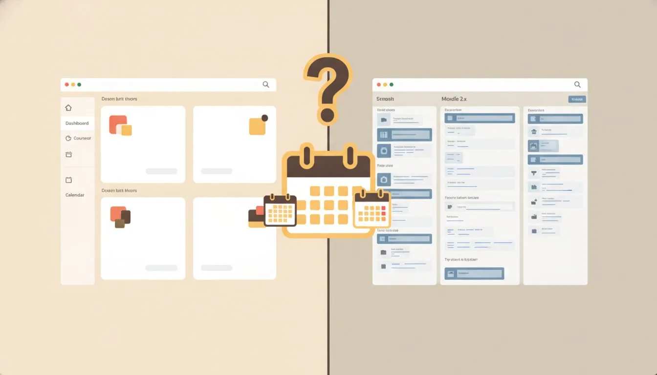 A split illustration showing a modern Moodle 4.x interface on the left versus an older Moodle 2.x-era screenshot on the right, with a calendar icon highlighting the version gap and a question mark bri