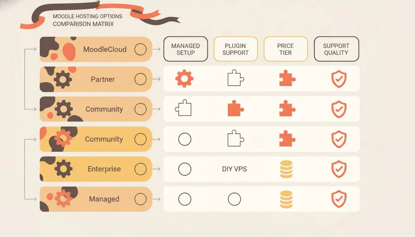 A side-by-side comparison matrix of all six Moodle hosting options, showing key attributes like managed setup, plugin support, price tier, and support quality as filled/empty icons in a grid layout