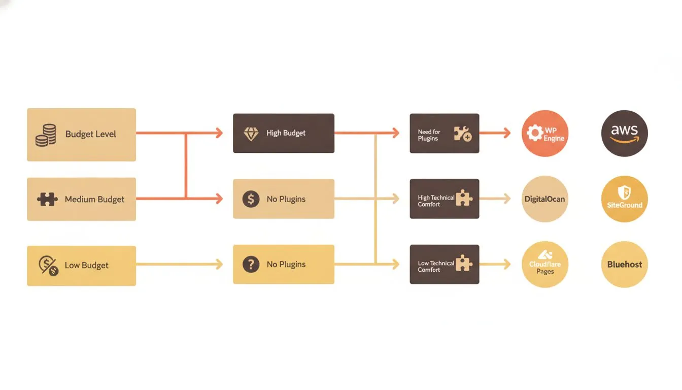 A decision-tree flowchart guiding the reader through three questions — budget level, need for plugins, and technical comfort — branching to a recommended host at each endpoint, with host logos at the 