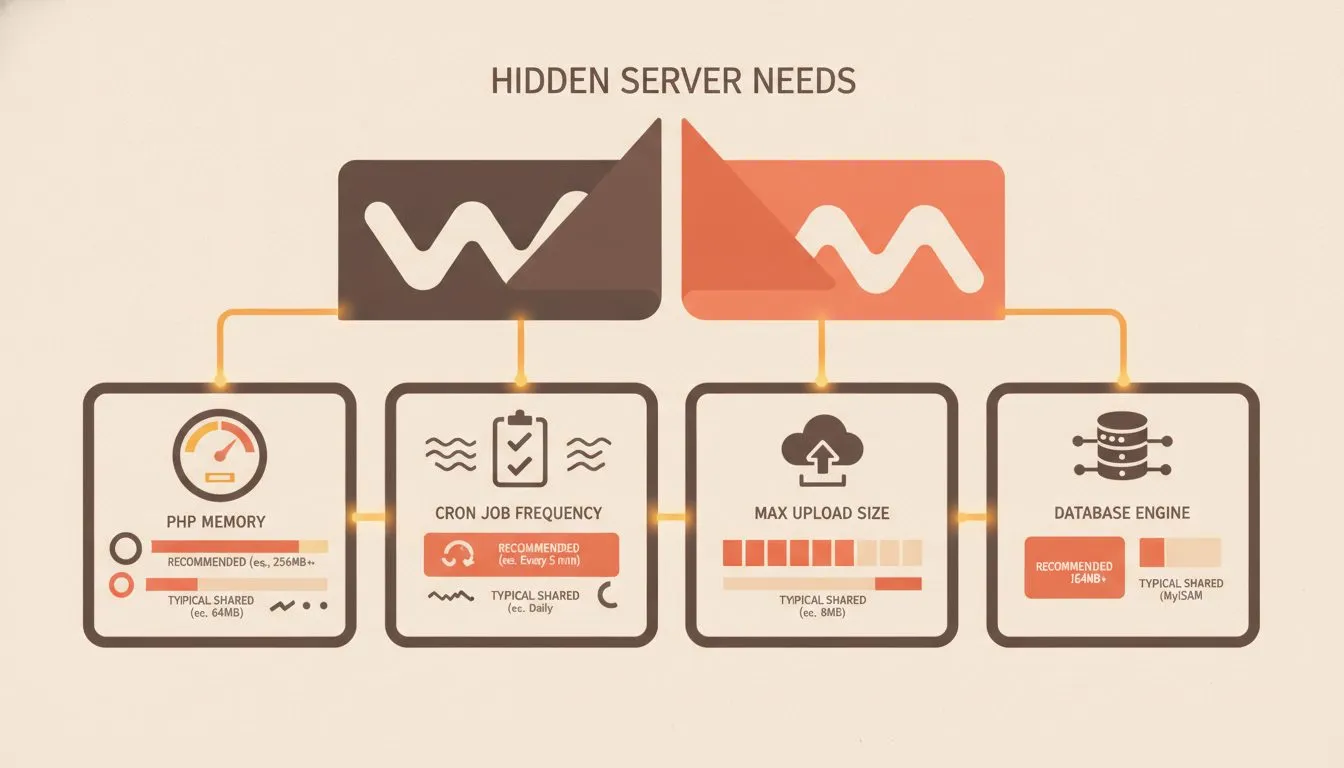 A single bold infographic revealing the hidden server requirements generalist hosts omit: PHP memory limit, cron job frequency, max upload size, and database engine, each shown as a labeled gauge or c