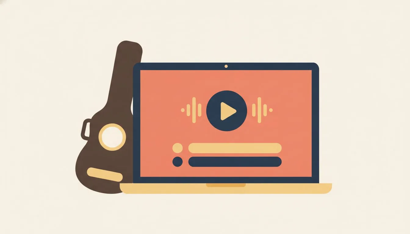 flat modern editorial vector illustration, a simple laptop showing a music page with a play button and a short list of tour dates, a guitar case leaning nearby, calm and uncluttered, soft rounded shap