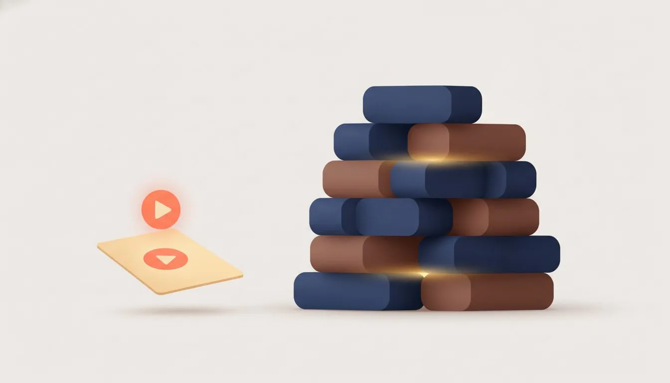 flat modern editorial vector illustration, two contrasting shapes side by side, one a small light page with a play button floating above it, the other a large stack of heavy blocks, showing the differ