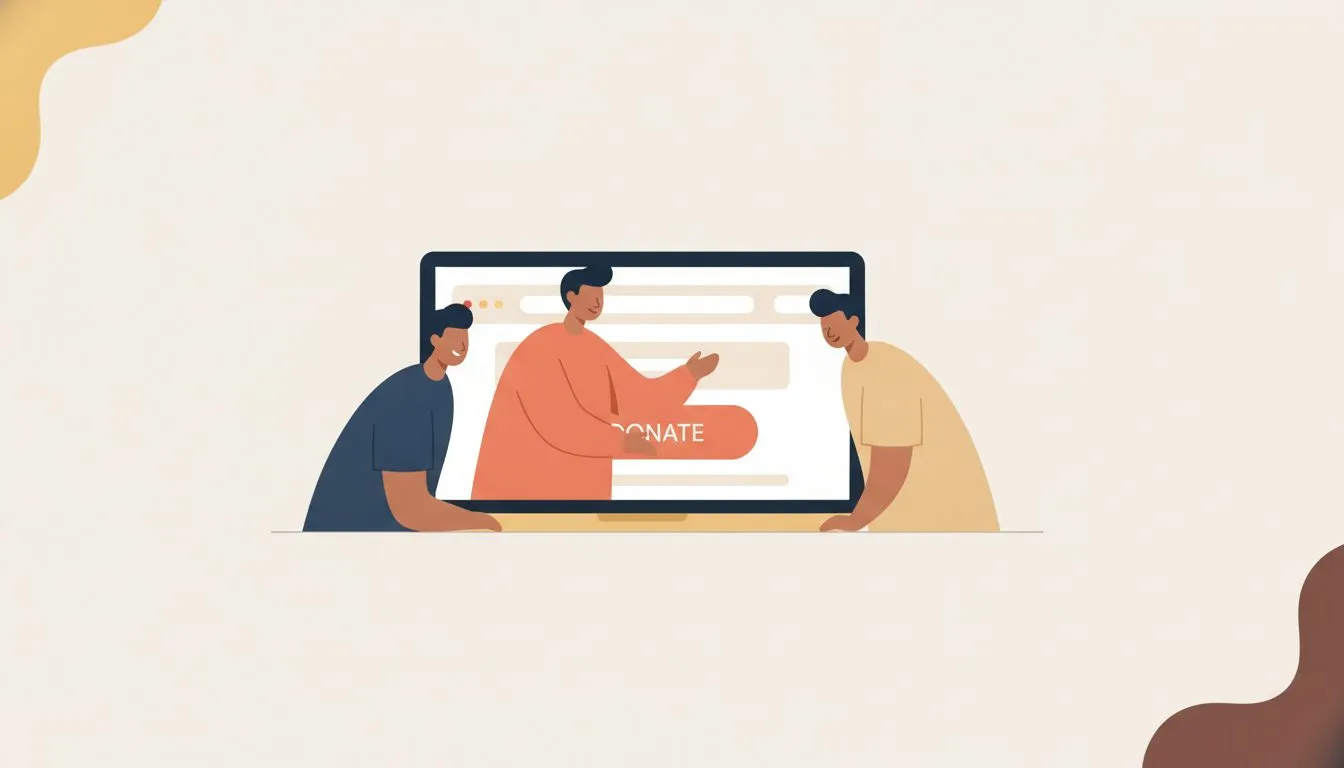 flat modern editorial vector illustration, a small group of simple figures around a laptop showing a page with a clear donate button, warm and collaborative, soft rounded shapes, generous white space,