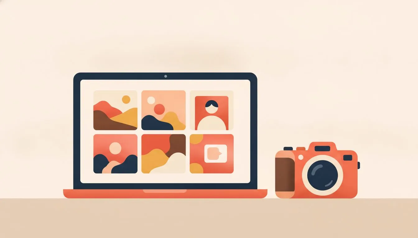 flat modern editorial vector illustration, a laptop showing a clean grid of portfolio images, a camera resting beside it on a simple desk, calm and uncluttered, soft rounded shapes, generous white spa