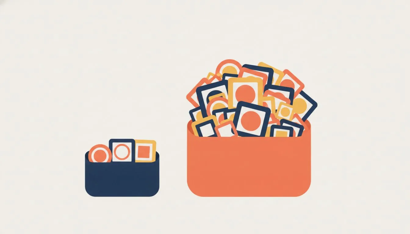 flat modern editorial vector illustration, two containers side by side of very different sizes, the small one holding a few neat framed shapes and the large one holding a dense stack, showing a differ