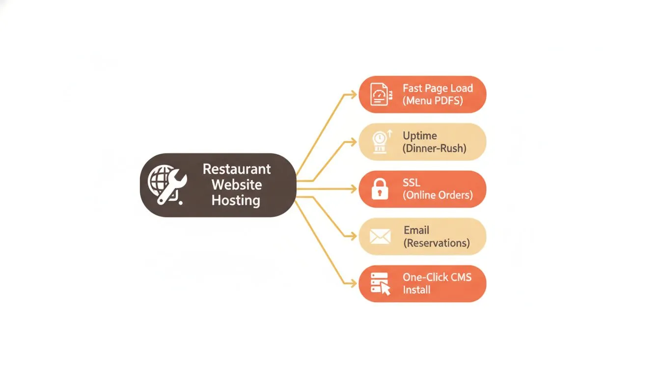 A diagram showing a restaurant website's core hosting requirements branching out from a central node: fast page load for menu PDFs, uptime during dinner-rush hours, SSL for online orders, email for re